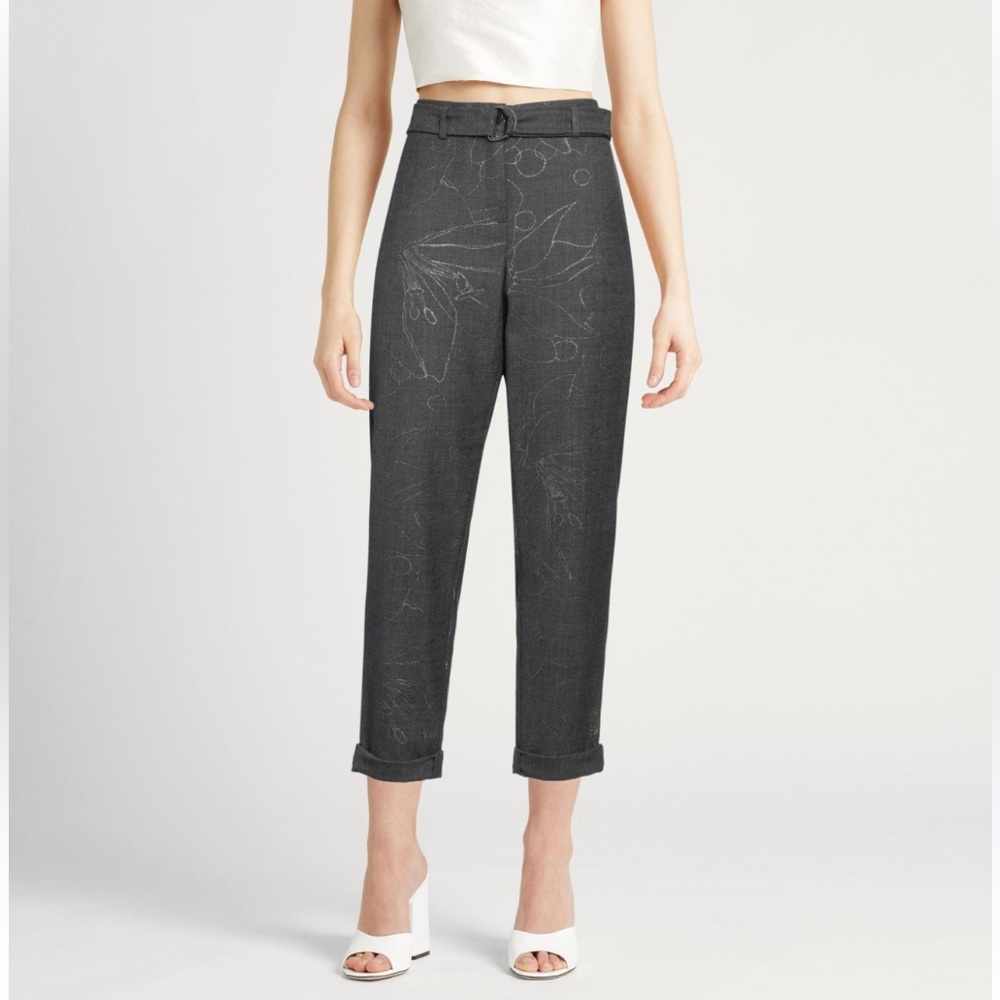 NEW- AKRIS PUNTO 6 Fallon Graphite Belted Wool Pants Silver Floral Detail